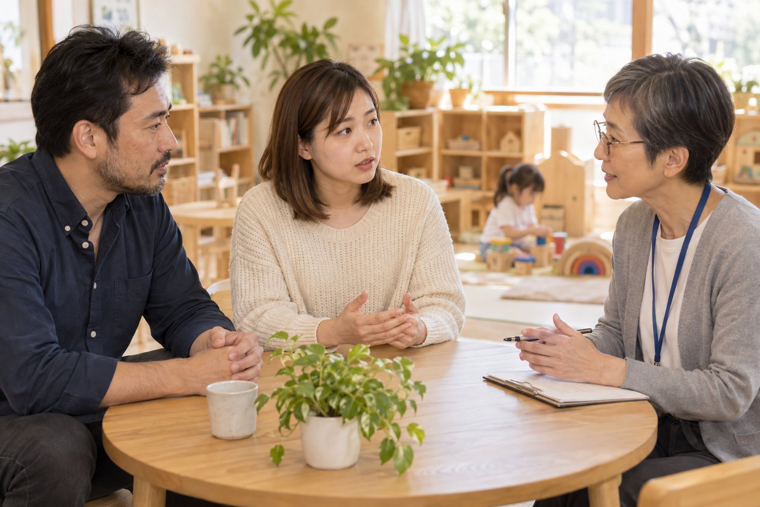 家族が支援者に子どものことを相談する様子