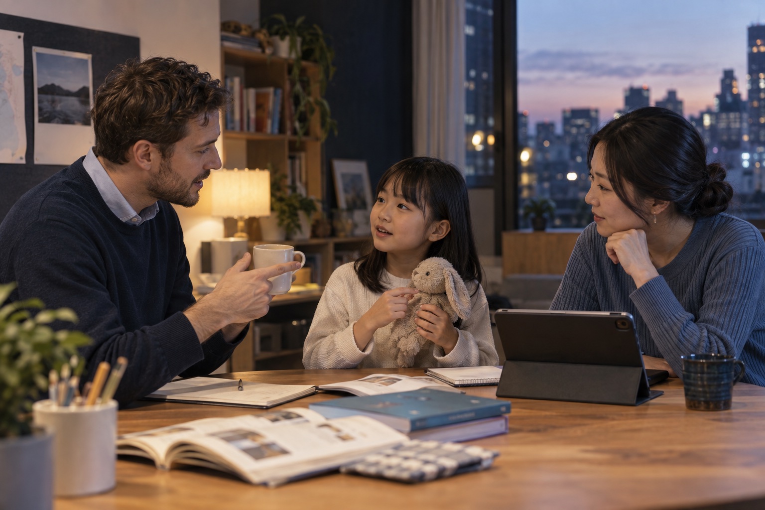 子どもと大人が先生と英語で会話する様子