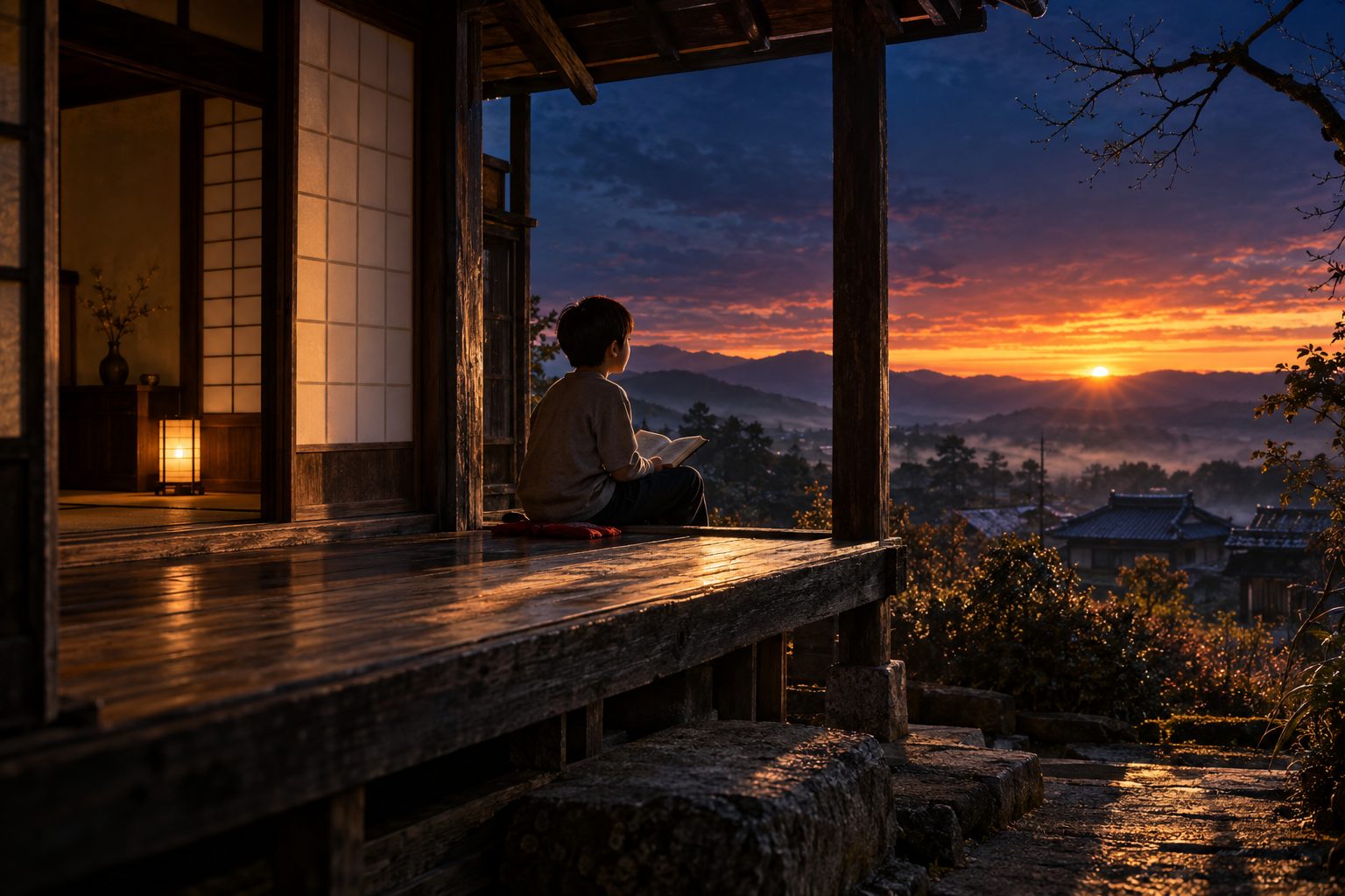 夜明けの縁側で本を開く子ども。空にはまだ藍が残り、地平に朱金の光が差している