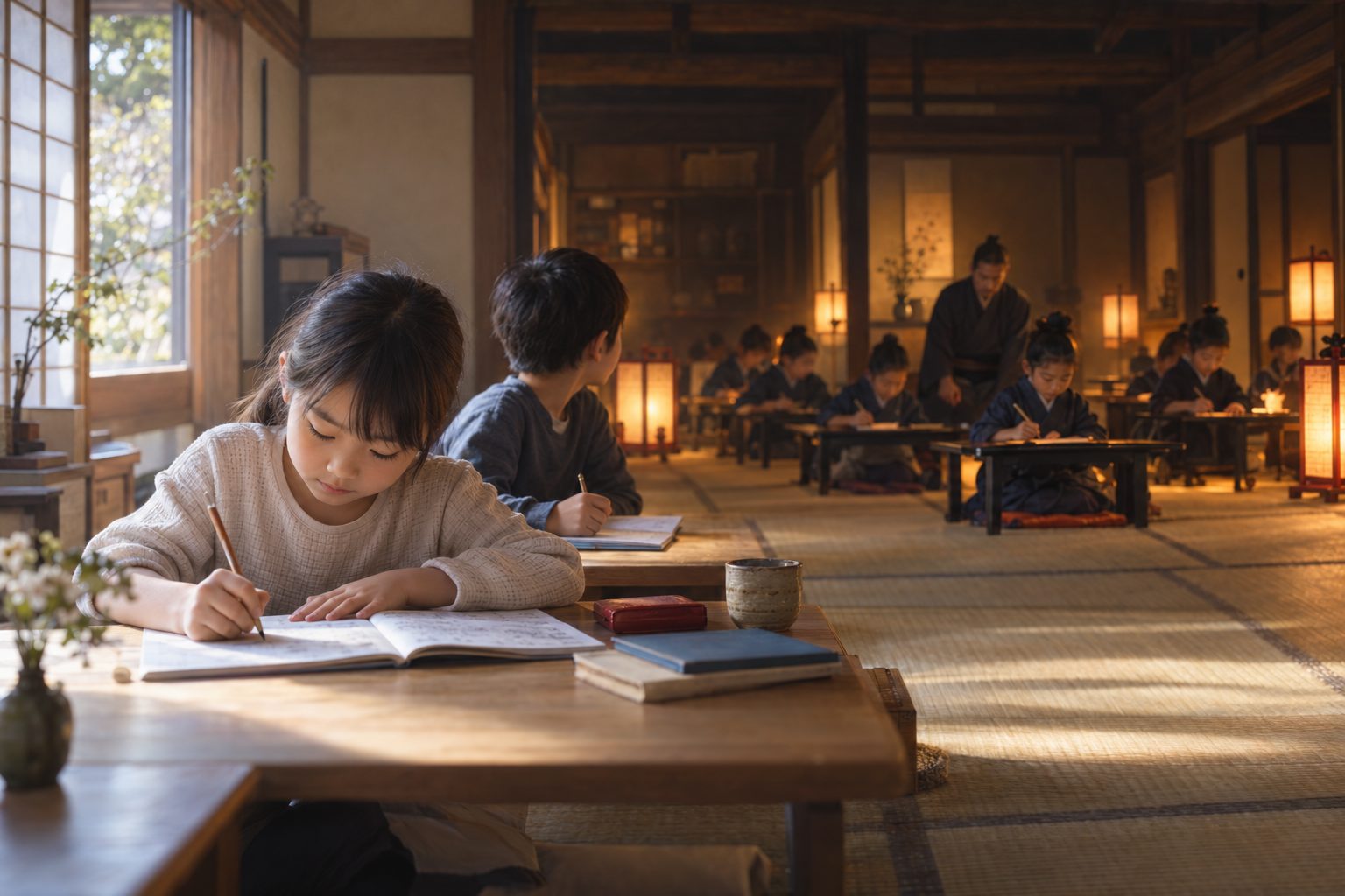 一つの座敷で、行灯に照らされた江戸の寺子屋の子どもたちと、現代の子どもが同じ床に座って学んでいる