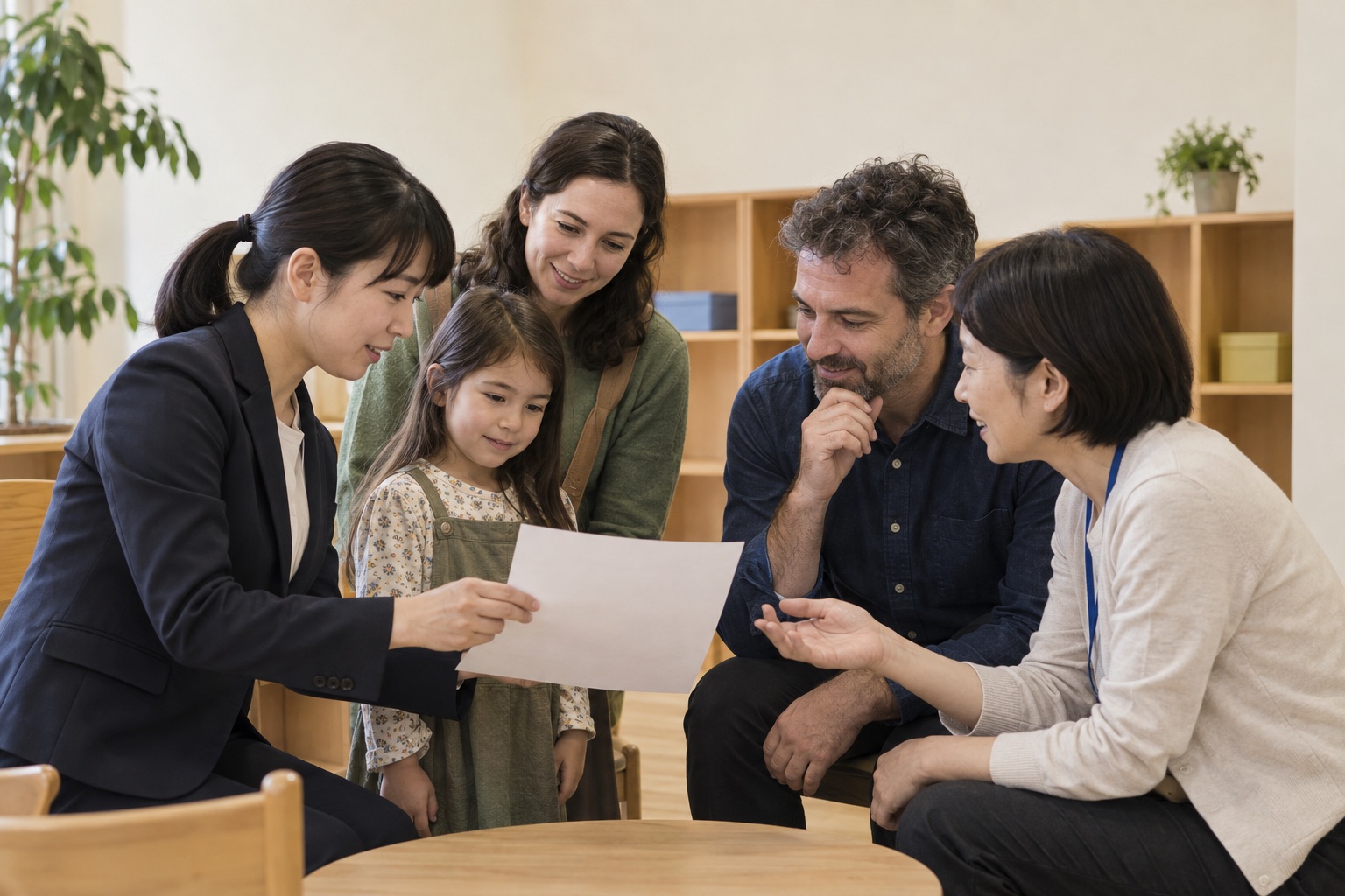 外国人家族が学校の先生や地域の支援者と相談する様子