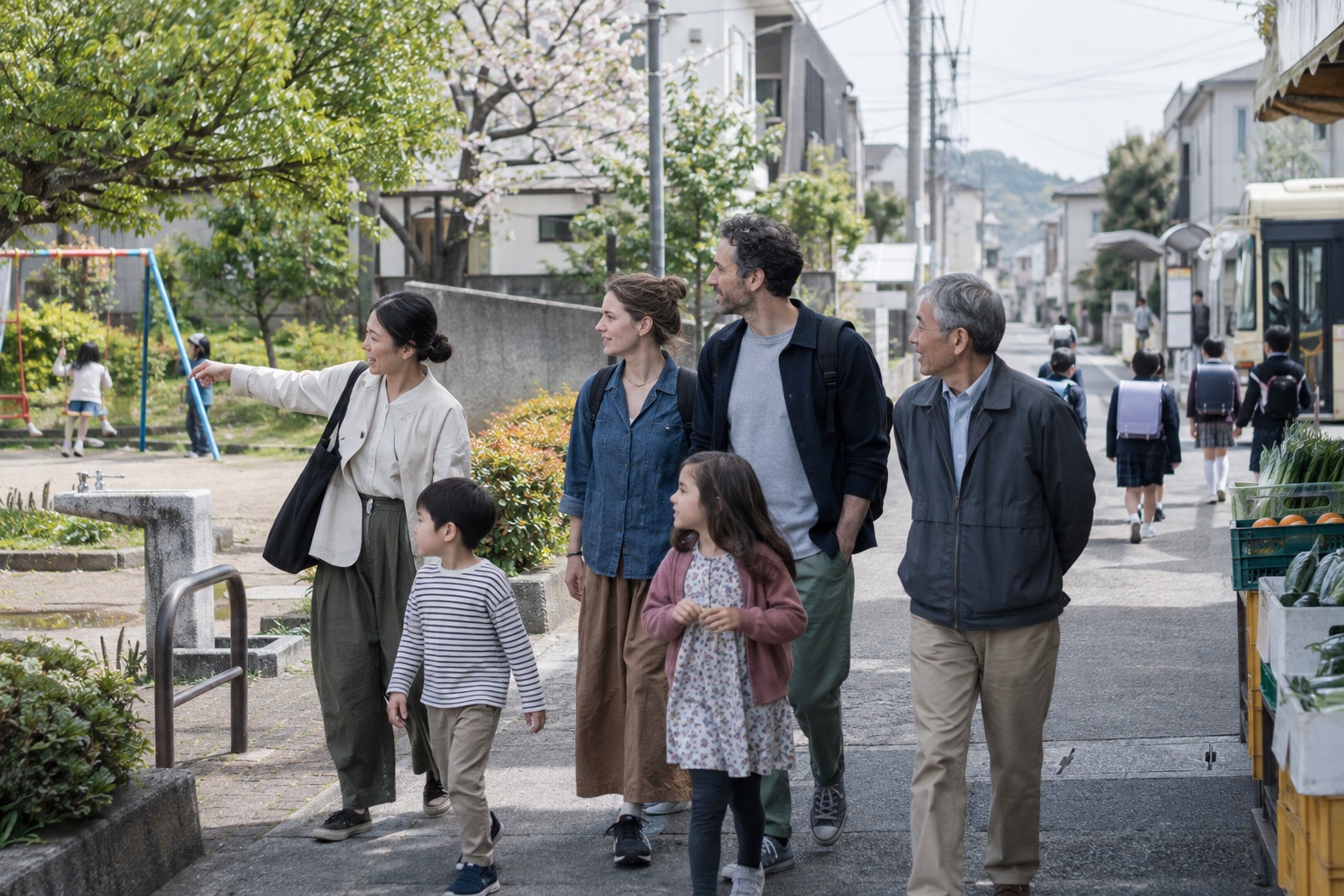 家族が地域の人と実際の街を歩く様子