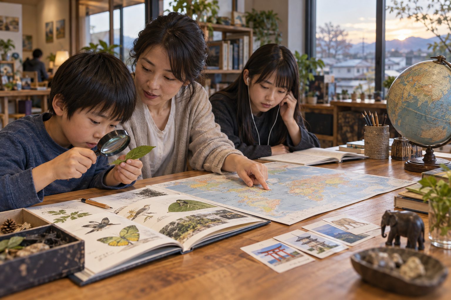 虫めがねや図鑑、世界地図、地球儀で一緒に調べる家族
