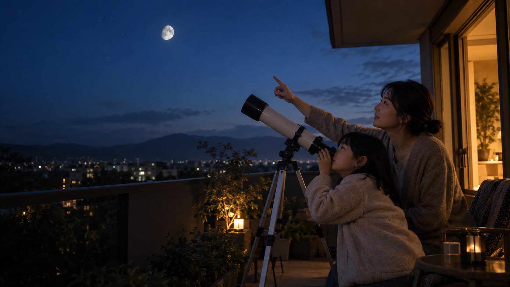 月を望遠鏡で観察する子どもと家族