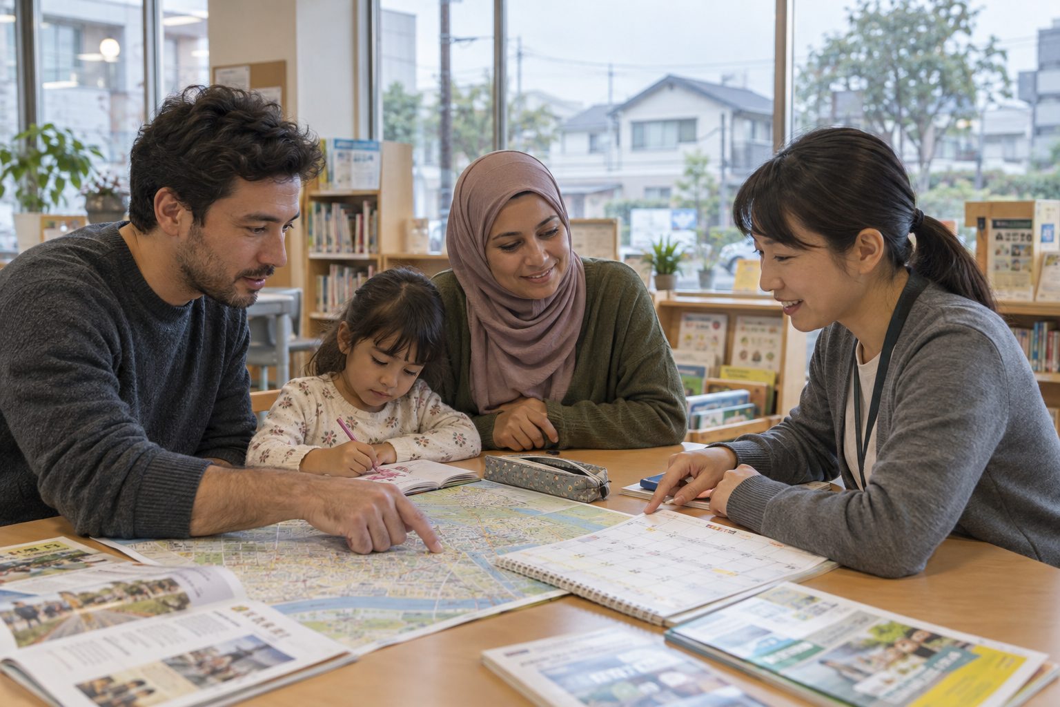 日本の学校や地域の情報を案内する人と確認する外国人家族