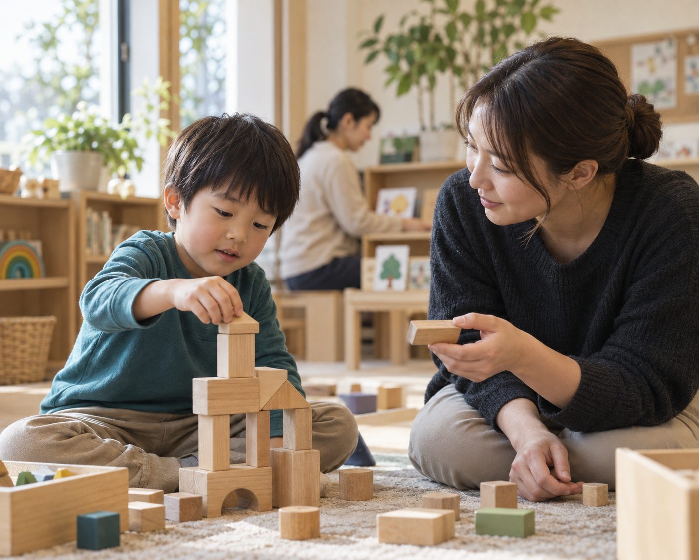 積み木で遊ぶ子どもに寄り添う支援スタッフ