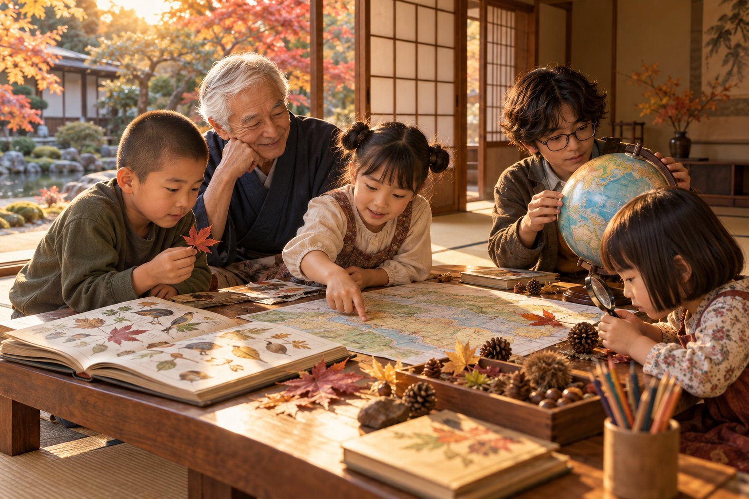 季節の自然物や地球儀を囲み、子どもたちと師匠が学ぶ様子