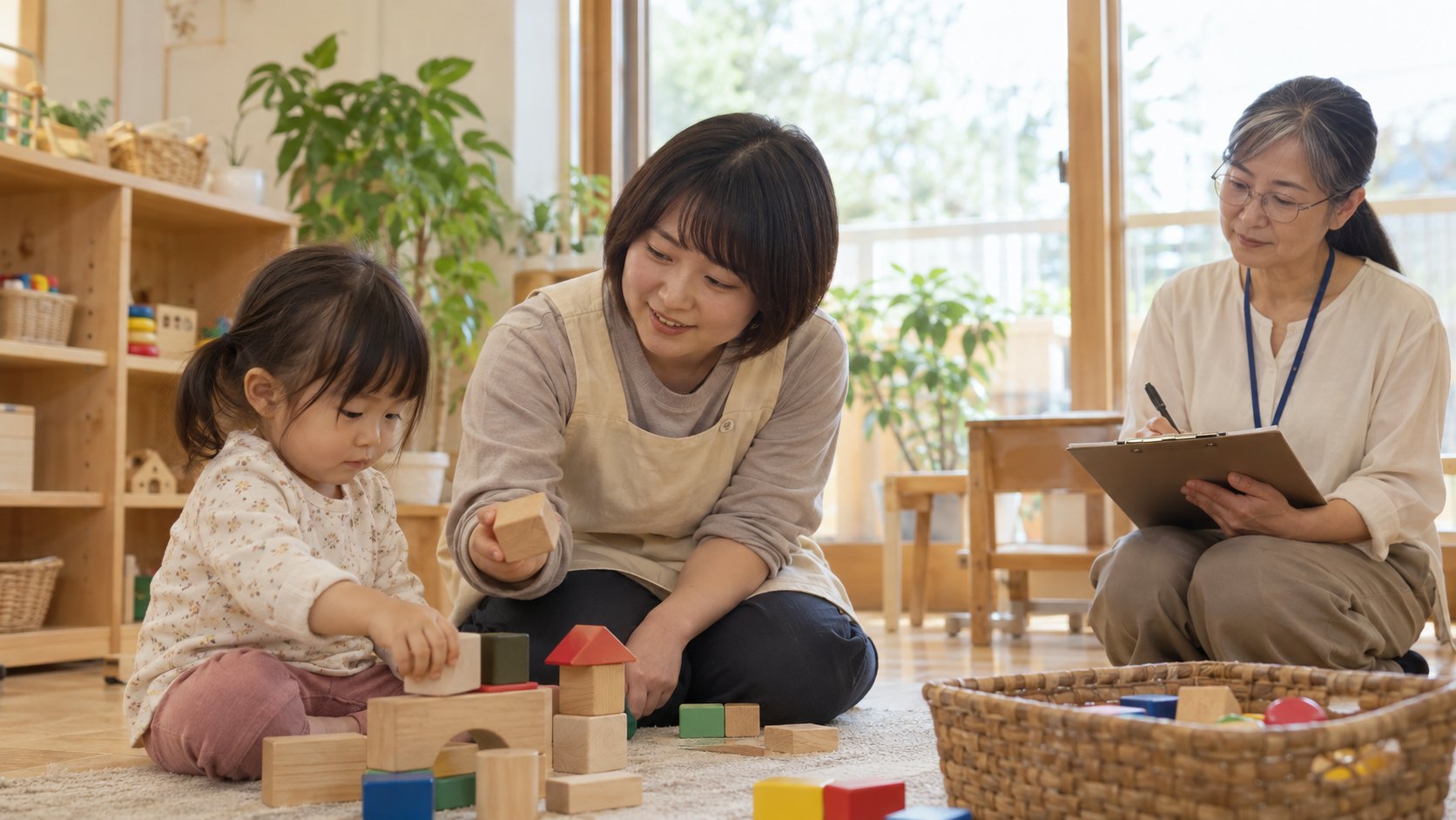 子どもと遊ぶ支援者のそばで、若い実習生が学ぶ様子