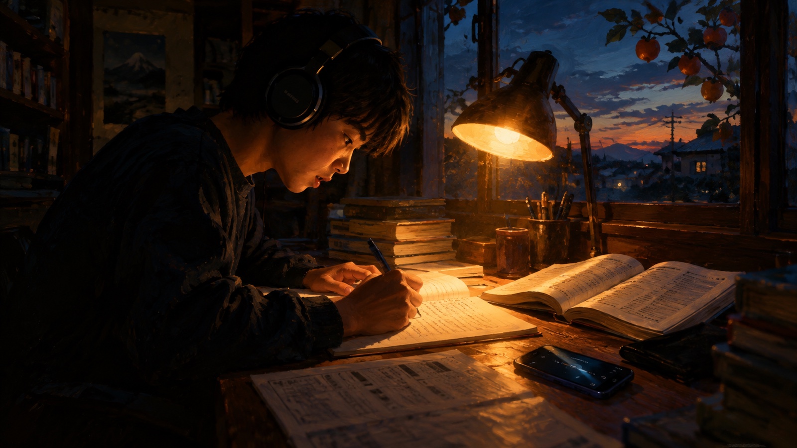 夕暮れの部屋で、ヘッドホンをつけて英単語を書きながら声に出す中学生