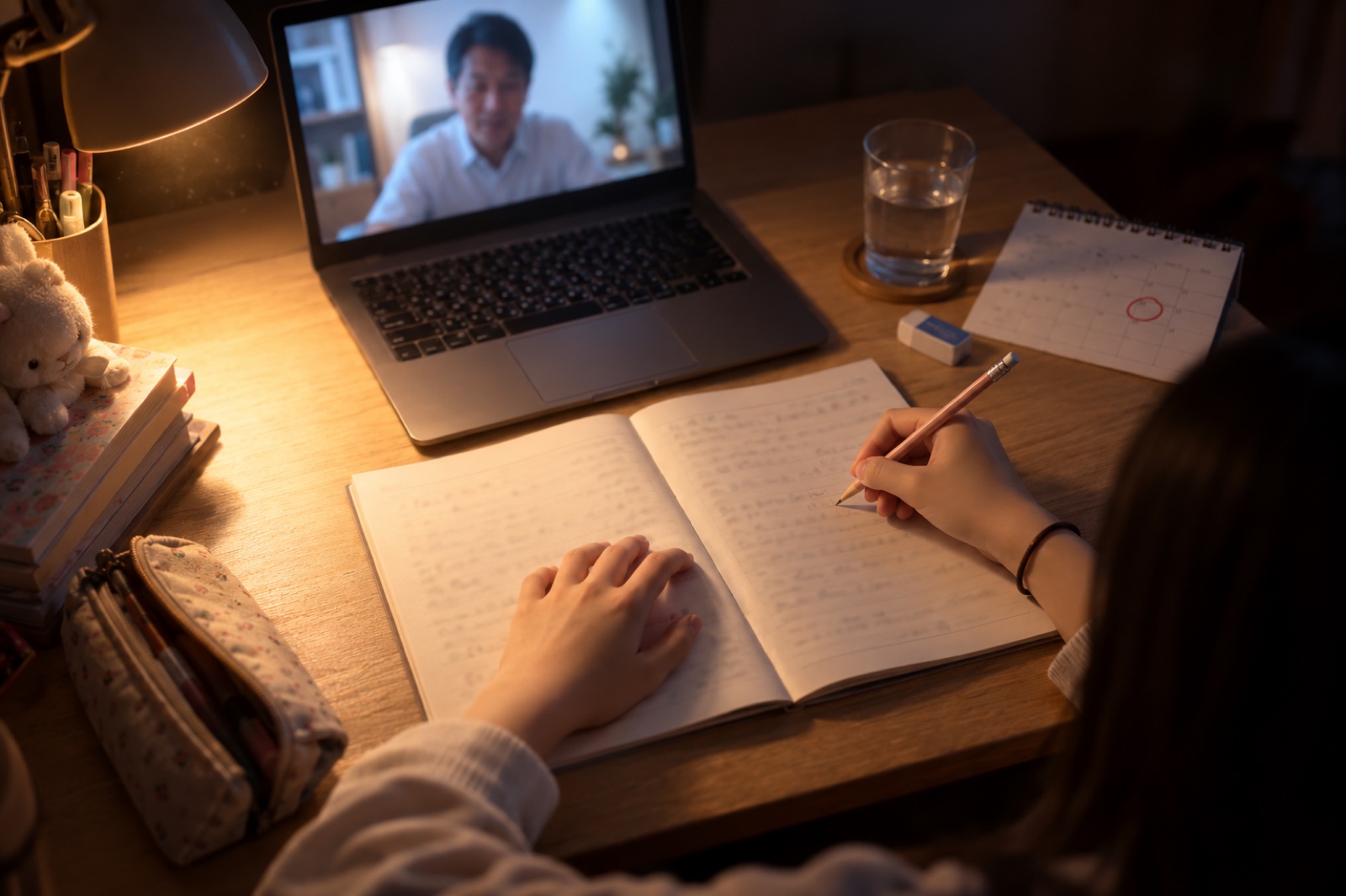 夜の自室で、画面の中の講師に向かって声を出しながらノートに書く中学生。机には受験日に赤丸をつけたカレンダー