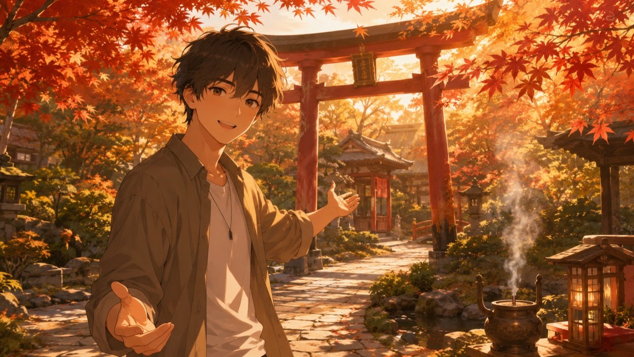 紅葉の鳥居の前で日本の文化を英語で語る若者
