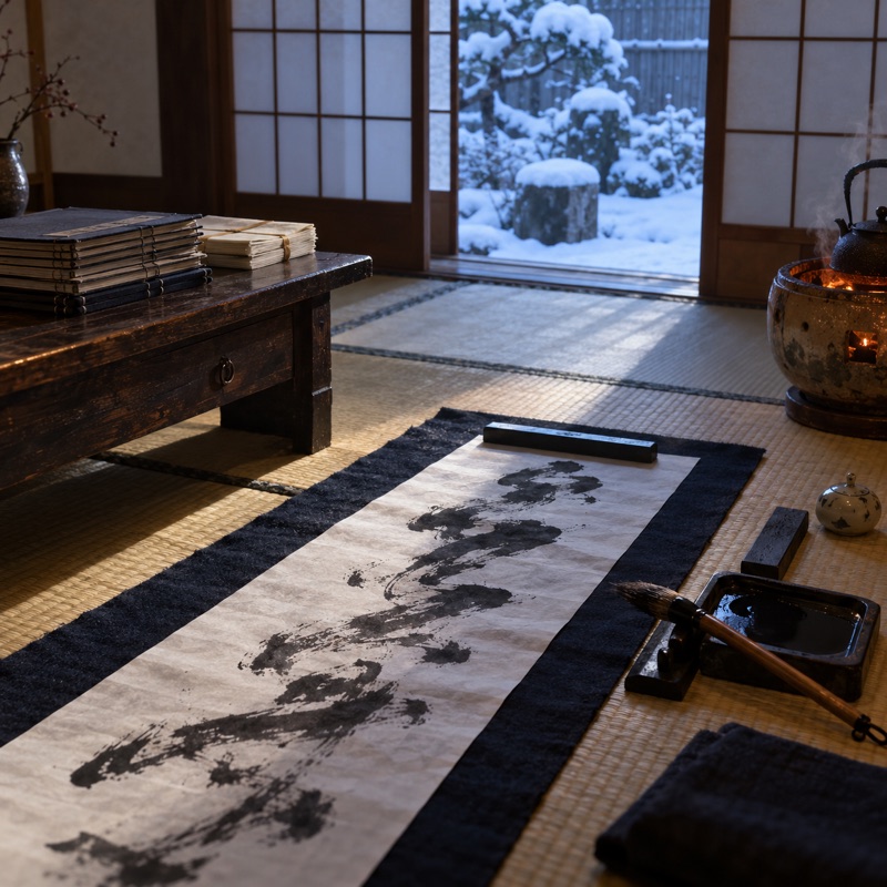 雪の庭に面した座敷、畳に広げた書き初めの紙と筆・硯、火鉢に湯気の立つ鉄瓶が置かれた冬の宿題の間