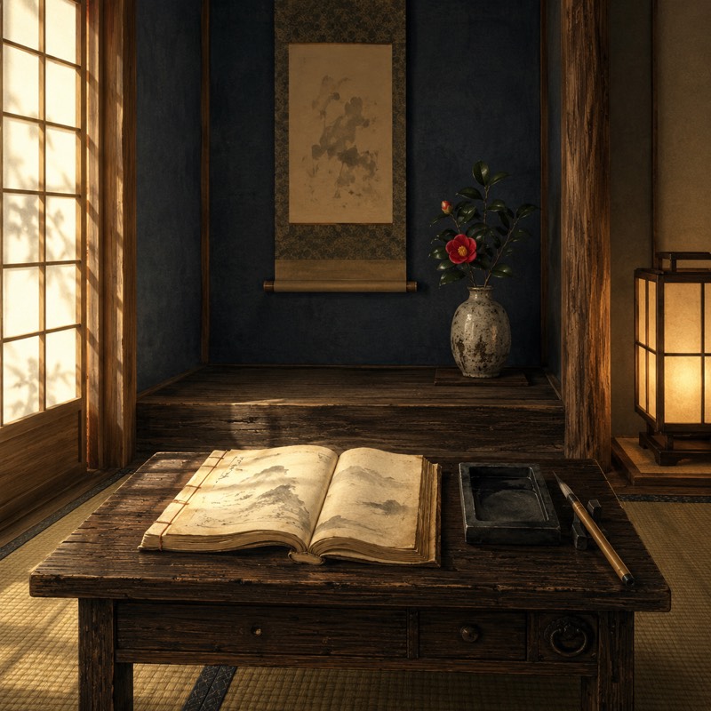 床の間に掛け軸と椿、文机に開いた和綴じの教科書と硯が置かれたこころの間