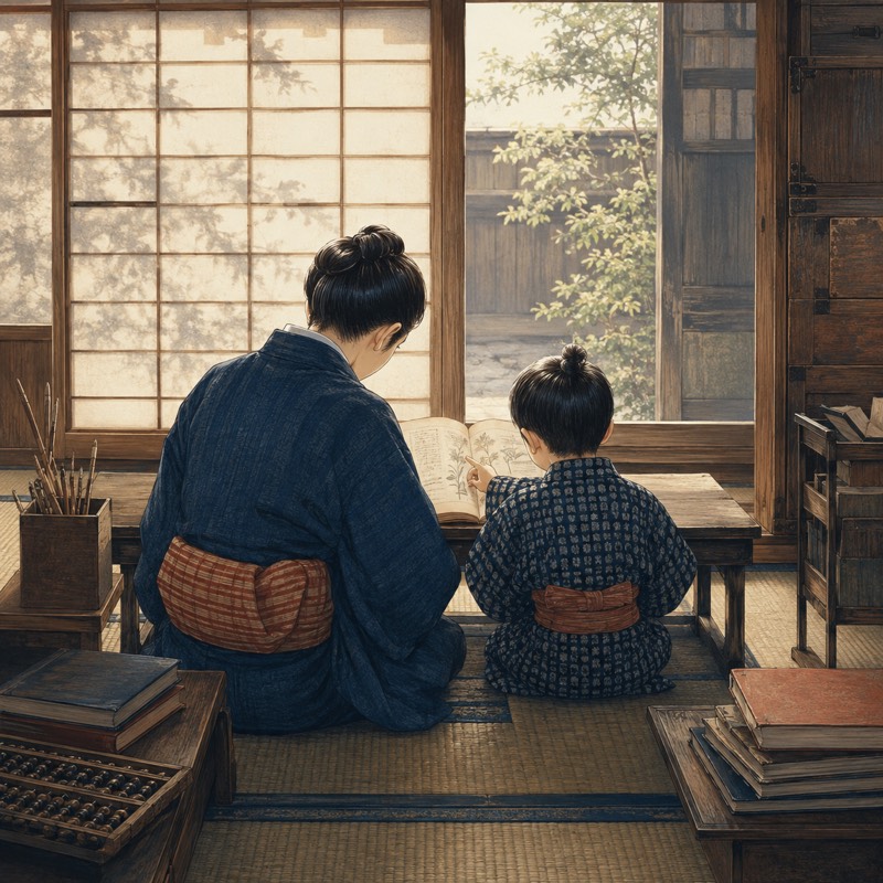 畳の間で親子が並んで一冊の本をのぞき込んでいる親の学びの間