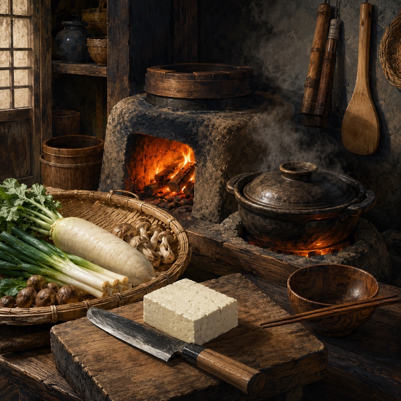 まな板の豆腐と土鍋、旬の野菜が並ぶ料理の間