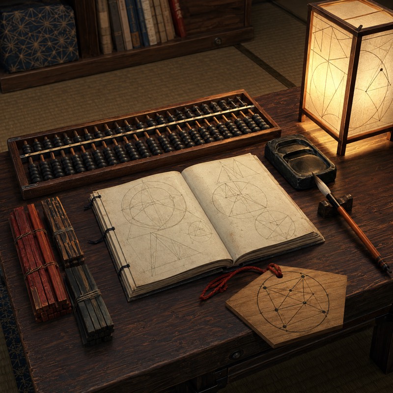 文机にそろばんと和算書、算木と絵馬型の算額が並ぶ算数・数学の間