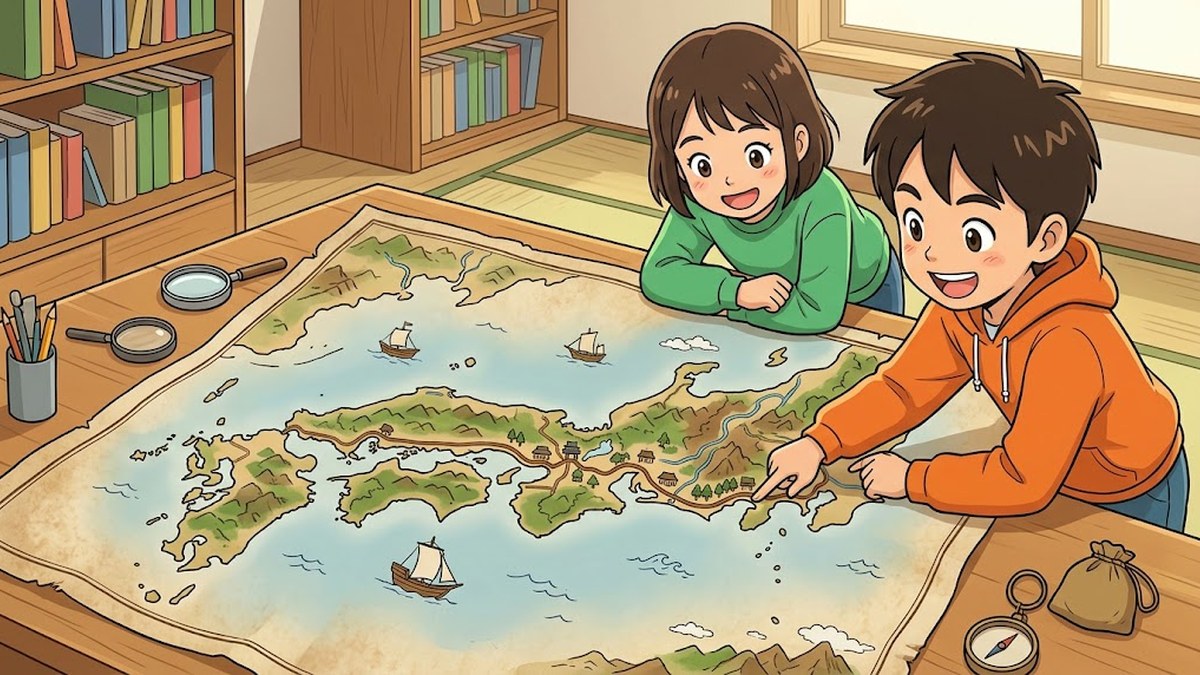 日本地図を広げて、指でたどる2人の子どものようす