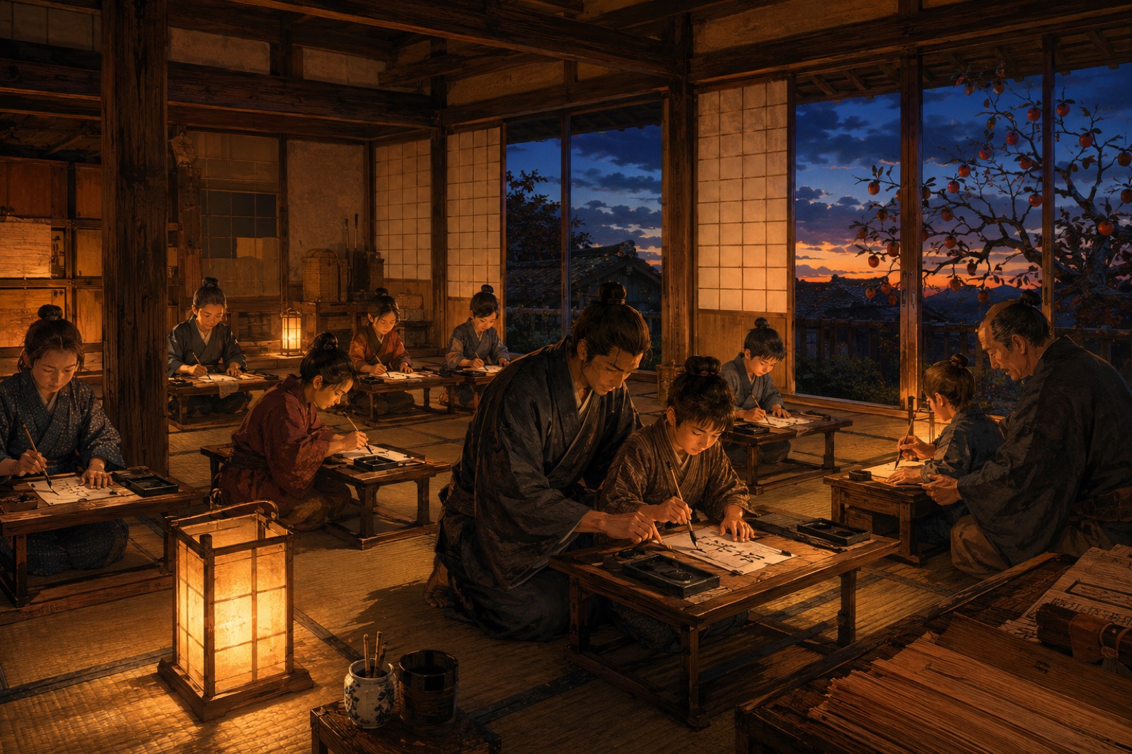 行灯の灯る江戸の寺子屋で、子どもと大人が文机に向かって学んでいる情景