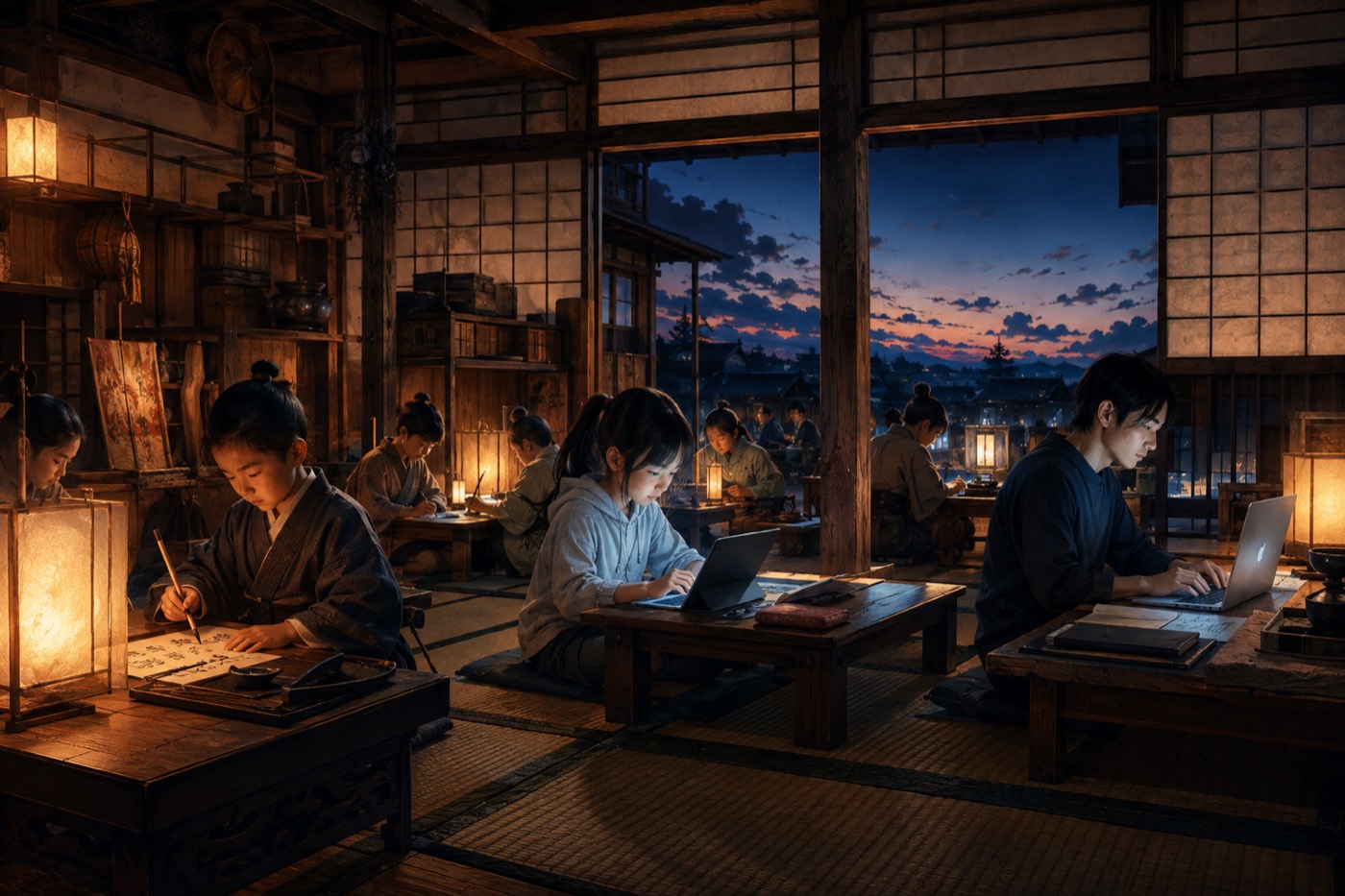 着物の子どもとタブレットで学ぶ現代の小学生が同じ畳の上で学んでいる情景