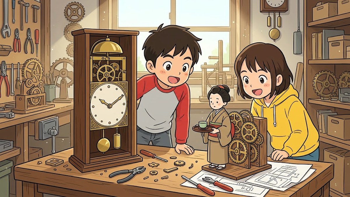 和時計とからくり人形を前に、道具を手にした子どもたちのようす