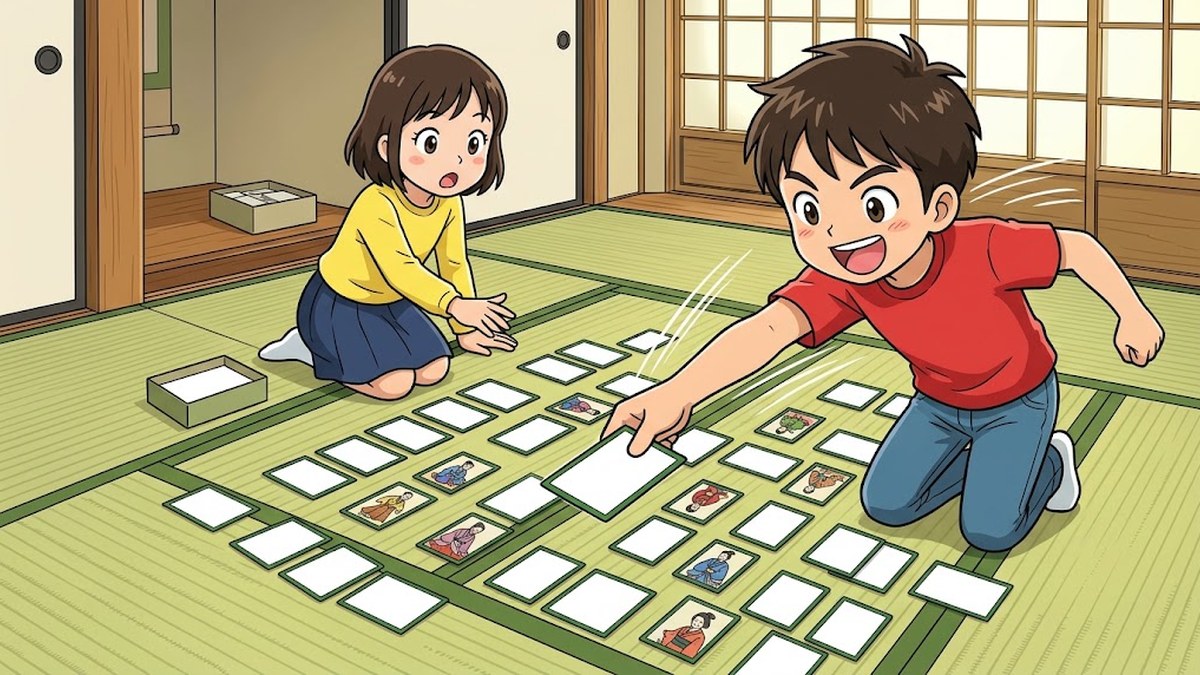畳の上に並べたかるたを取り合う2人の子どものようす