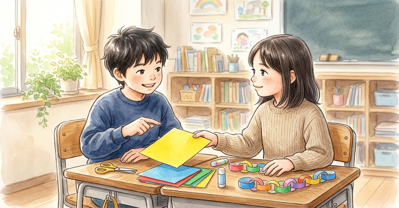 教室の机で、色紙で飾りを作っている。男の子が欲しい色の色紙を指さし、女の子がその色紙を手で渡そうとしている。