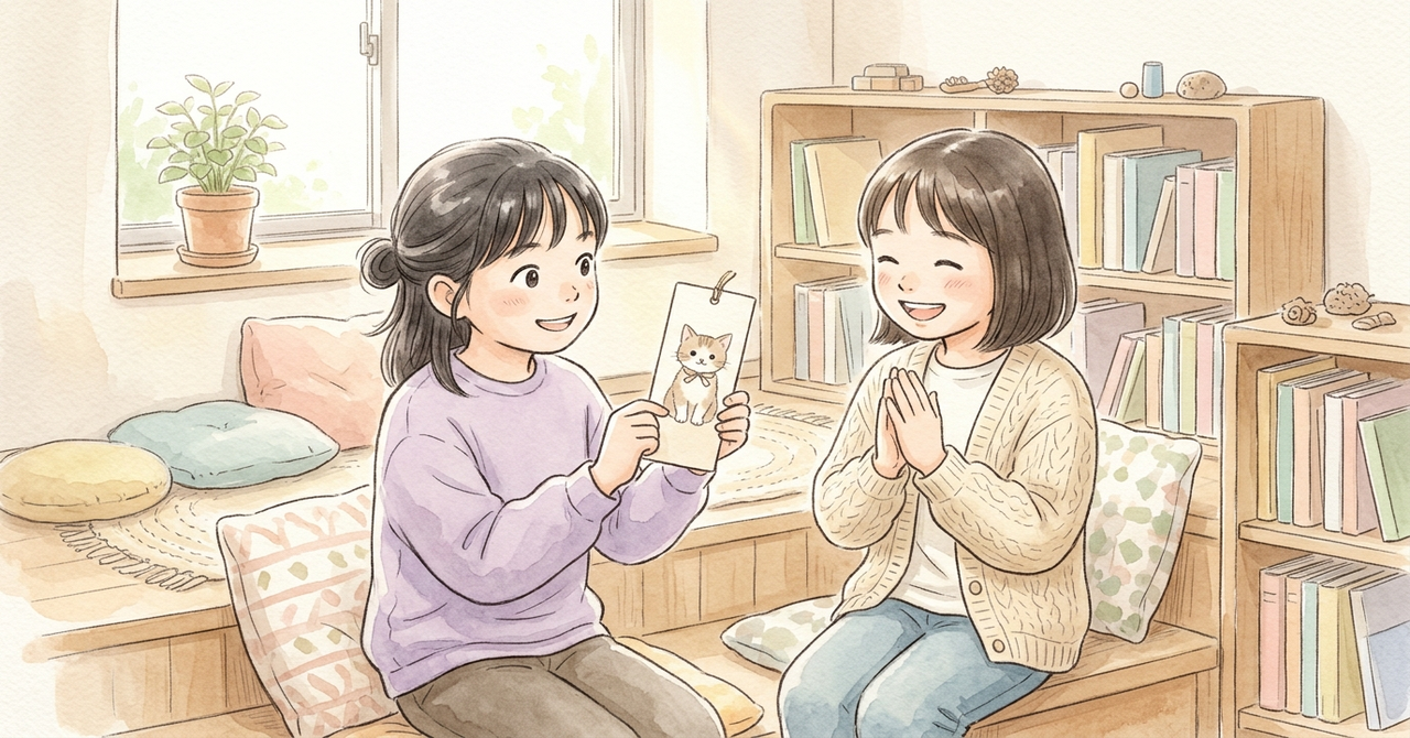 図書コーナーで、女の子が動物の絵のしおりを両手で持ち上げて友だちに見せている。友だちが拍手しそうな笑顔で聞いている。