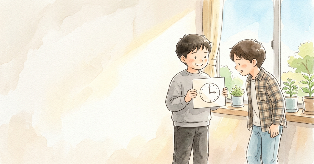 教室の窓辺の植木鉢の前で、男の子が時計の絵のカードを手に持って友だちに見せている。