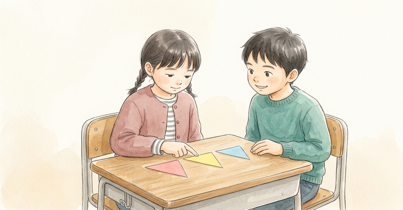 机の上に三角の色紙3枚を並べ、女の子が1枚ずつ指さして数えている。紙の家の屋根に使う。