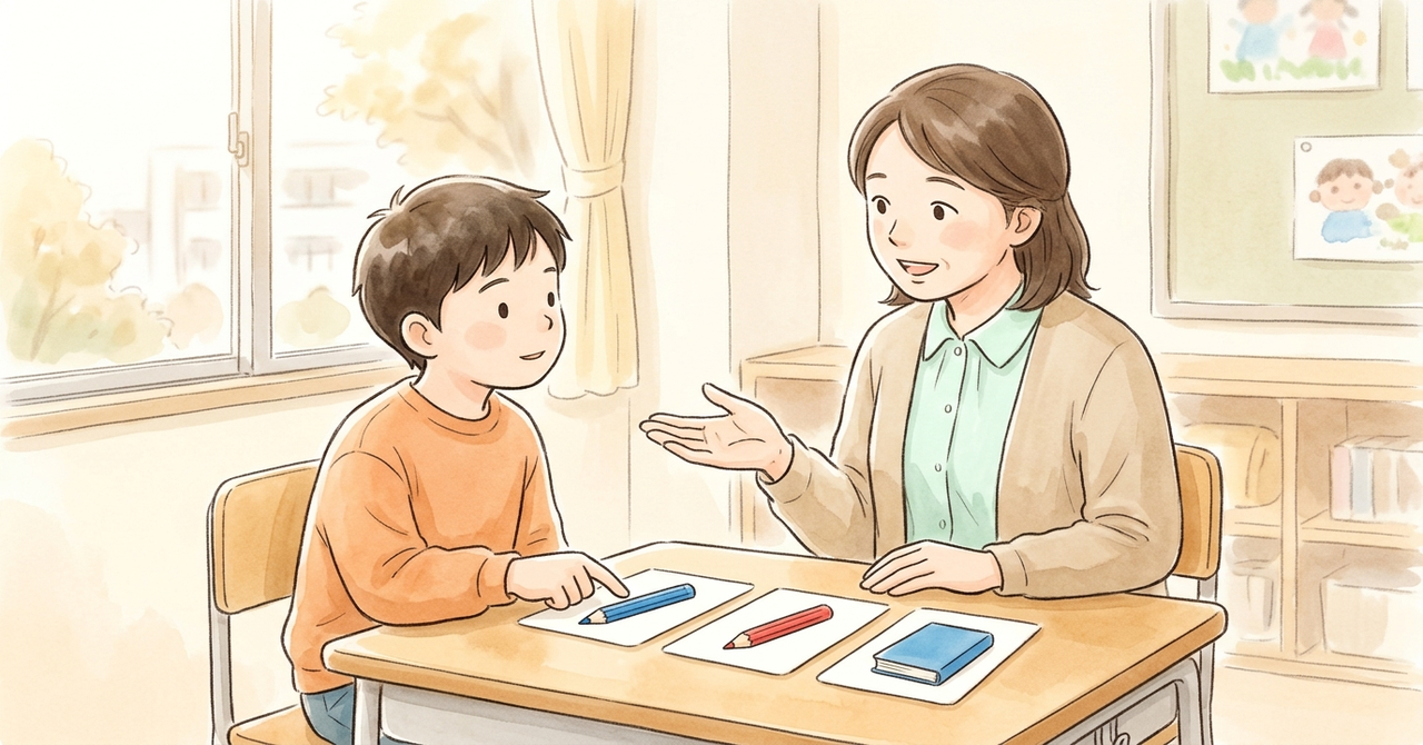 机に青い鉛筆・赤い鉛筆・青い本の絵カードを並べ、先生が話し、男の子が1枚を指さしている。