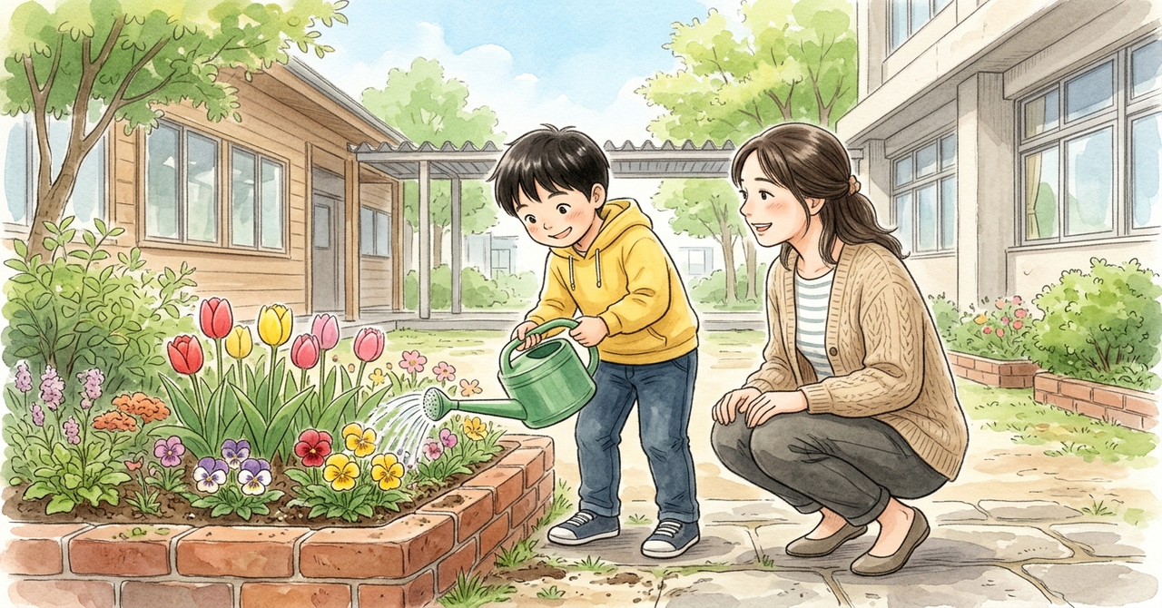 学校の花壇で、子どもがじょうろで花に水をあげている。そばで先生が話しかけている。