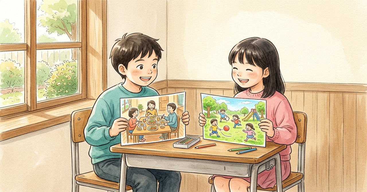 2人の子が、自分の描いた行事の日の絵を机に並べて見比べている。