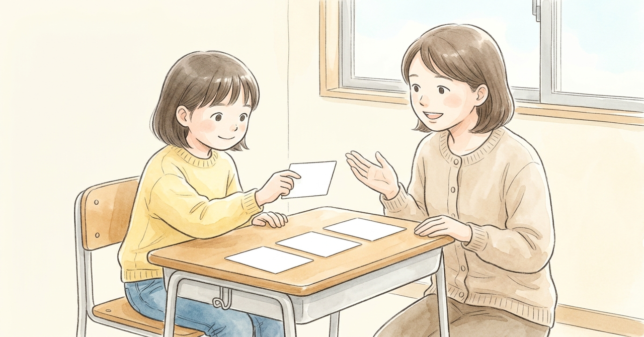 机に無地の文字カード3枚を並べ、女の子が1枚を手に取る。先生がそばで声をかける。
