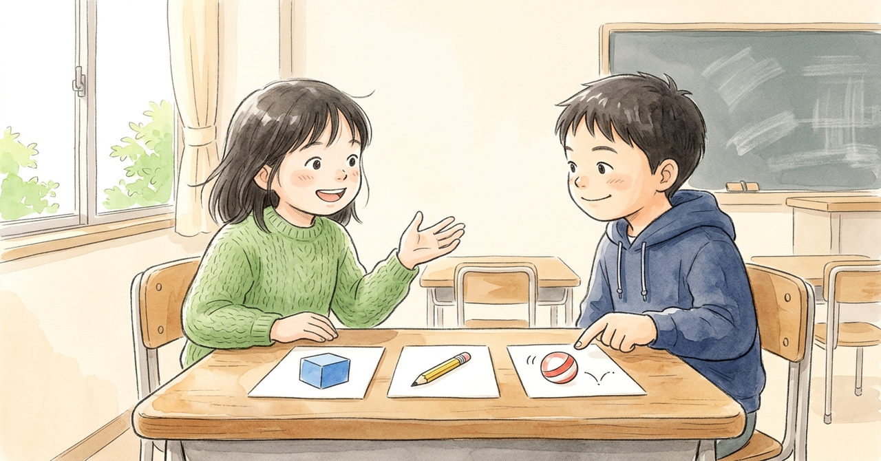 机に丸いボール・長い鉛筆・四角い箱の絵カードを並べ、1人が話し、もう1人が絵を指さす。