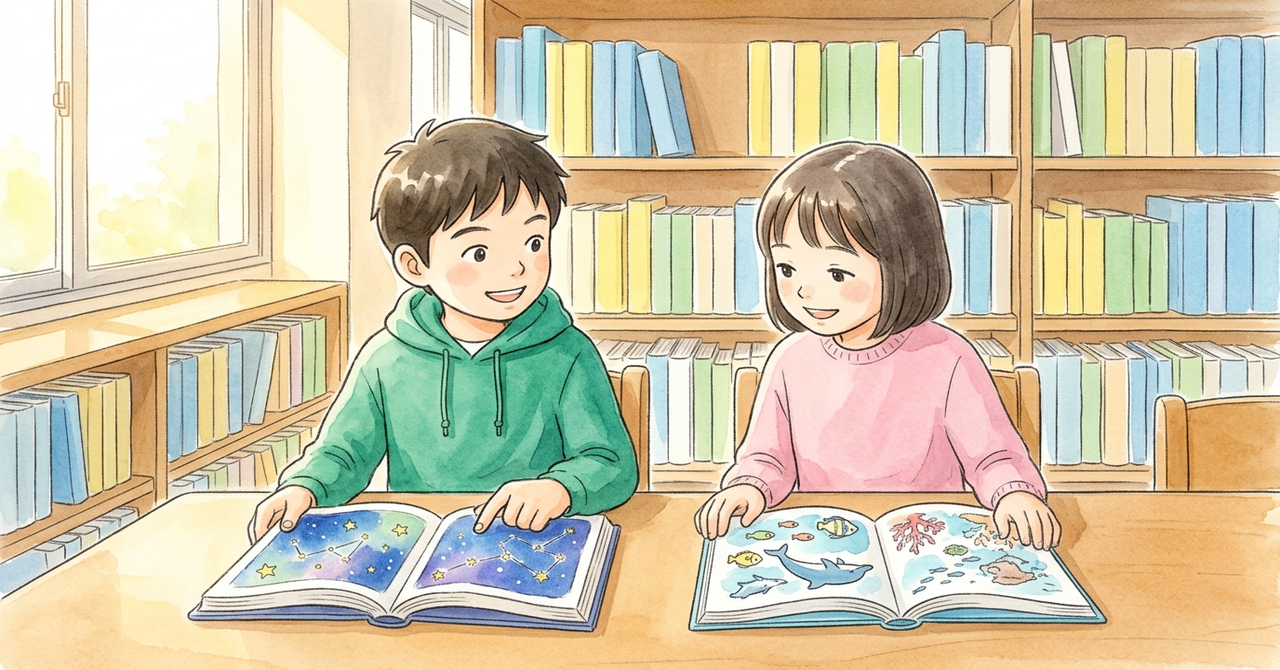 図書室の机で、2人がそれぞれ本を開いて持ち、感想を話し合っている。