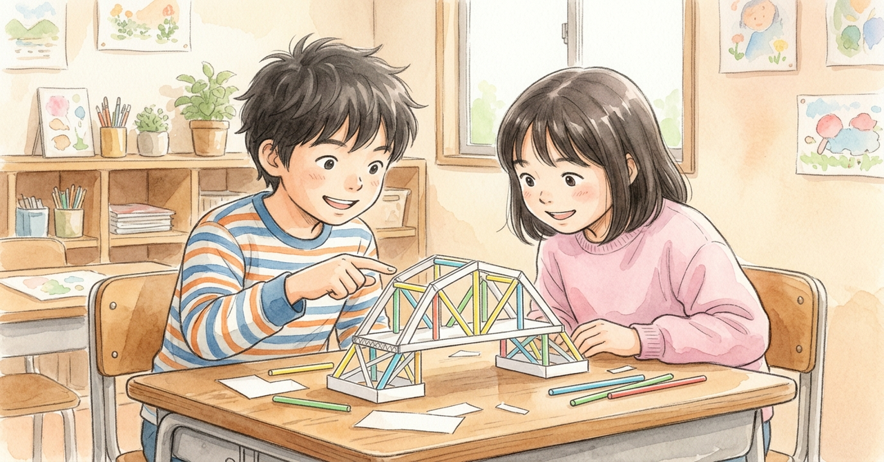 机の上で、子どもたちが紙とストローで小さな橋を作り、1人が橋を指さして話している。