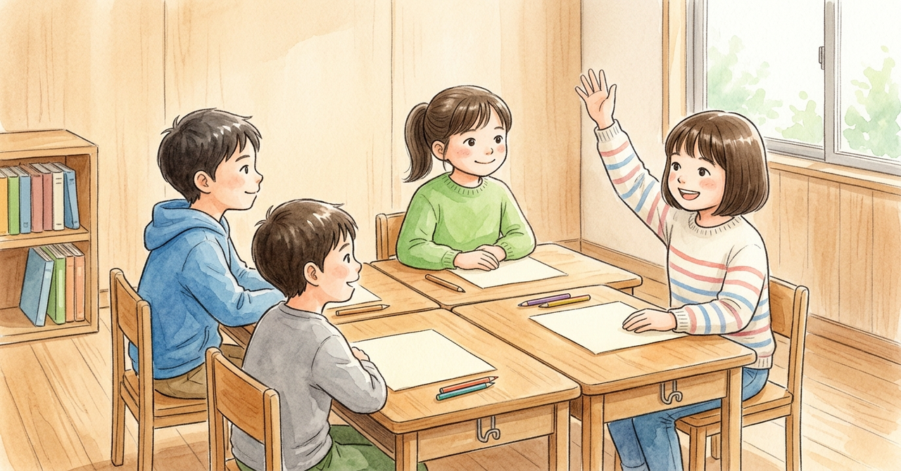 教室で4人が机を囲んで話し合い、1人が手を挙げて意見を言っている。