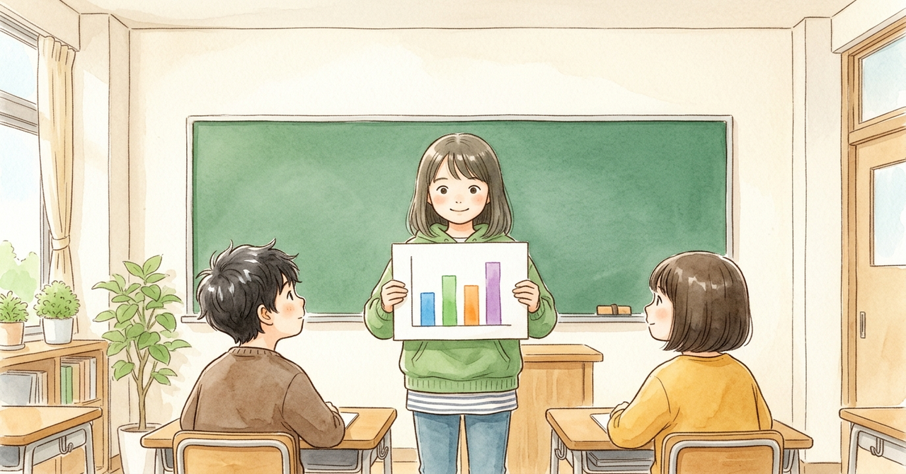 教室の前で、子どもが棒グラフの絵を持って発表し、友だちが座って聞いている。