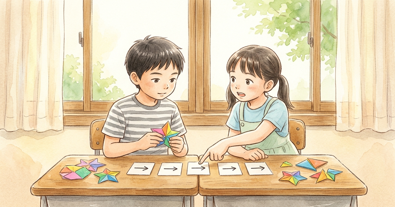 机の上で、子どもが紙の飾りを作っていて、矢印の絵だけの紙を並べて順番を考えている。