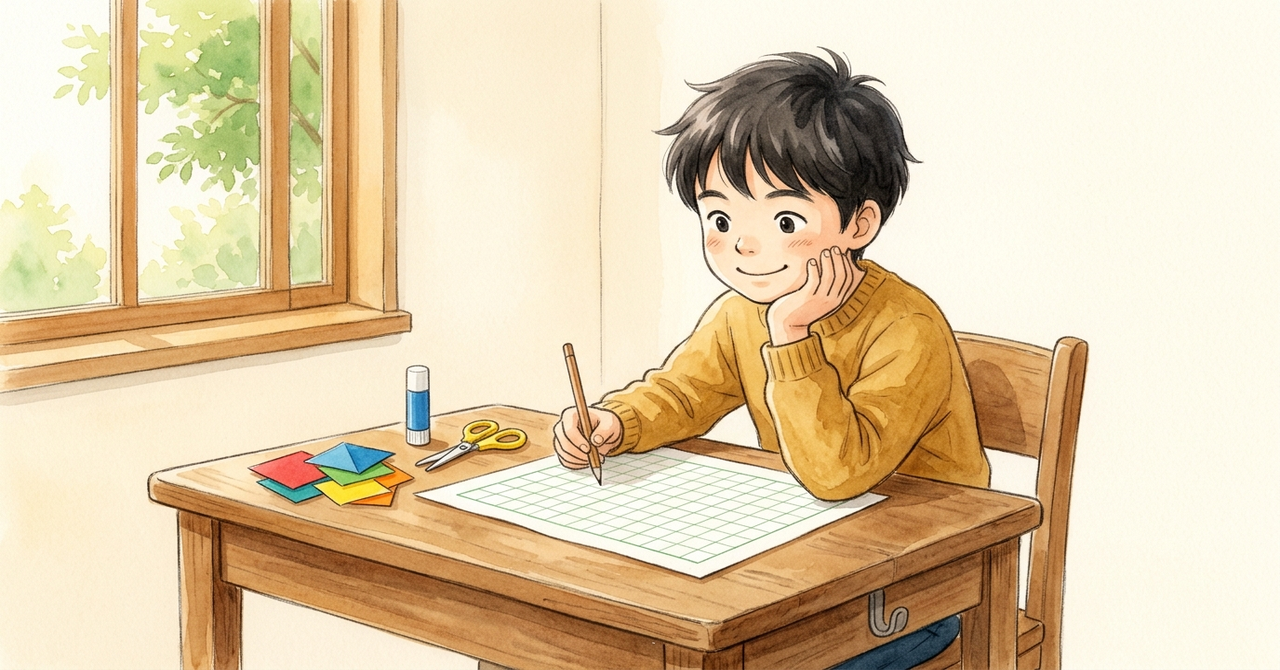 机で、子どもが無地の原稿用紙を前に鉛筆を持って考えている。そばにはさみやのりの工作道具。