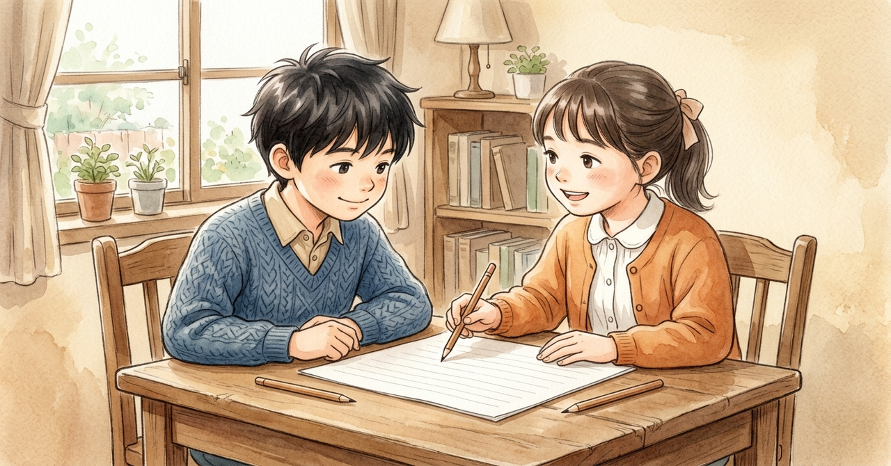 2人が机で下書きの紙を見せ合い、1人が鉛筆で指して話している。