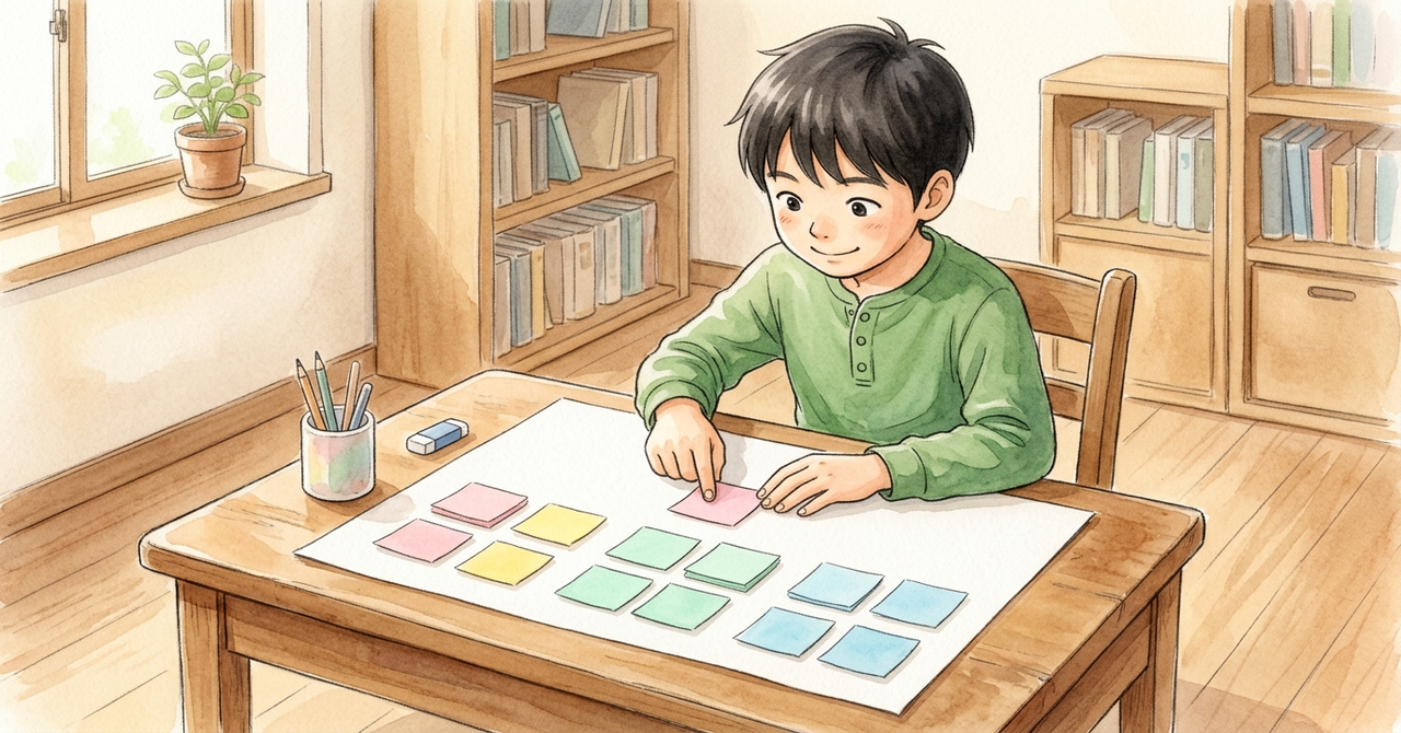 机で、子どもが無地の付せんを紙の上に並べて分けている。