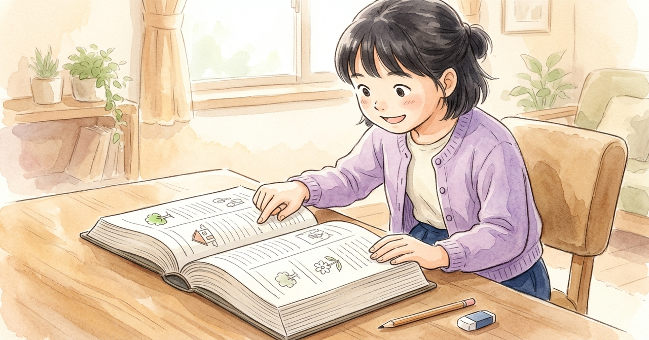 机で、子どもが国語辞典を開いて調べている。