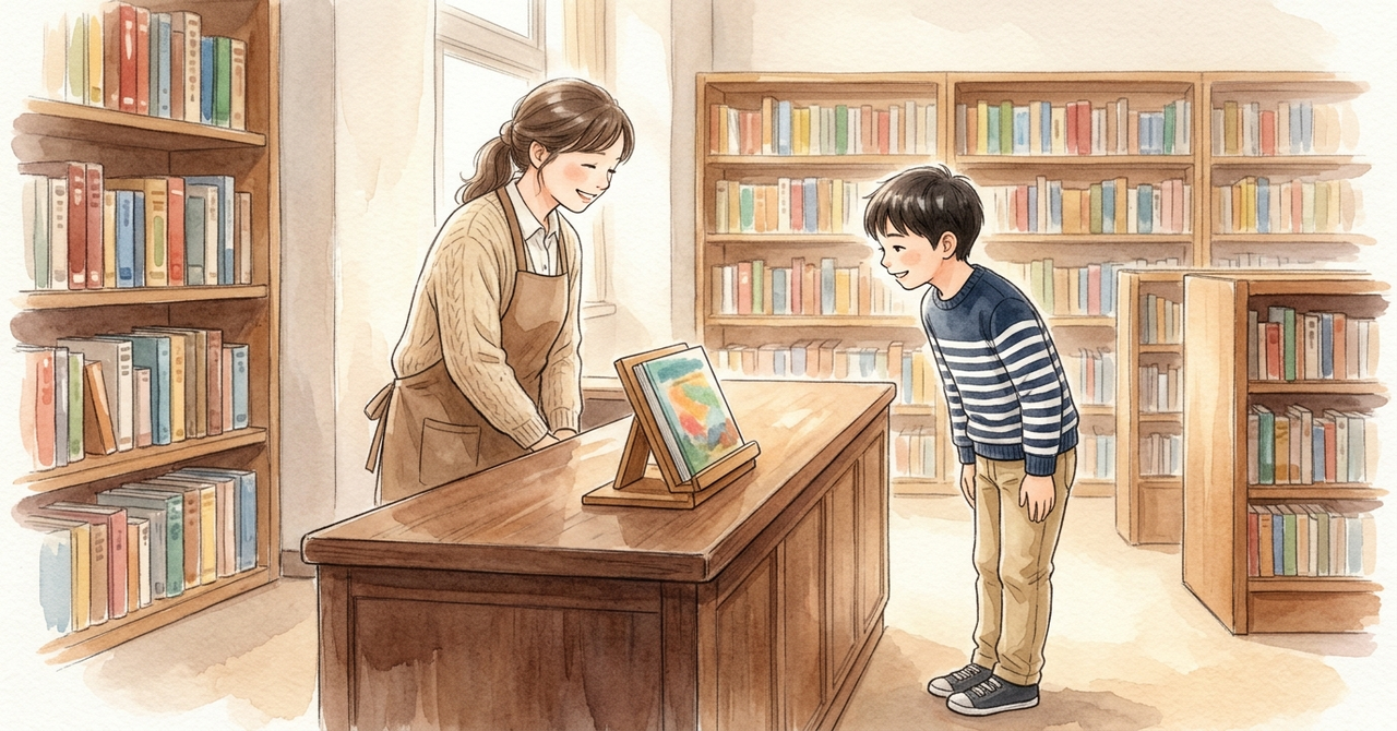 図書室のカウンターで、子どもが司書の先生に軽くおじぎをしてお願いしている。