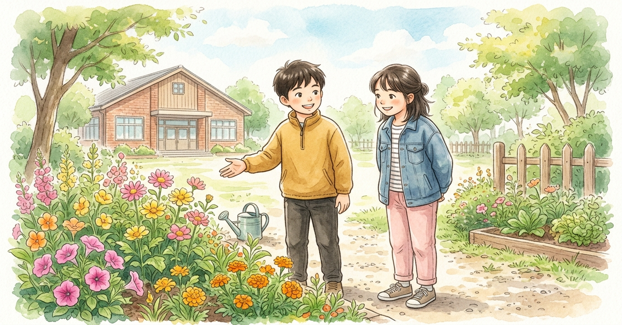 学校の花壇の前で、係の子が説明し、別の子がうなずきながら聞いている。