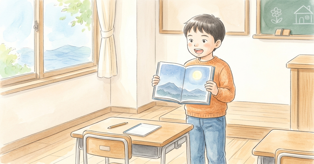 教室で、子どもが本を両手で持って声に出して読んでいる。