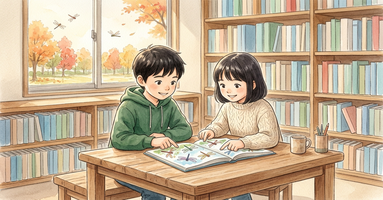 図書室で、2人がとんぼの写真絵のある図鑑を開いて話している。窓の外にとんぼ。