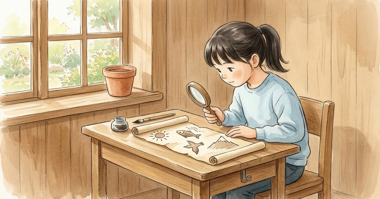 机で、子どもが古い巻物の写しを虫めがねでのぞいている。