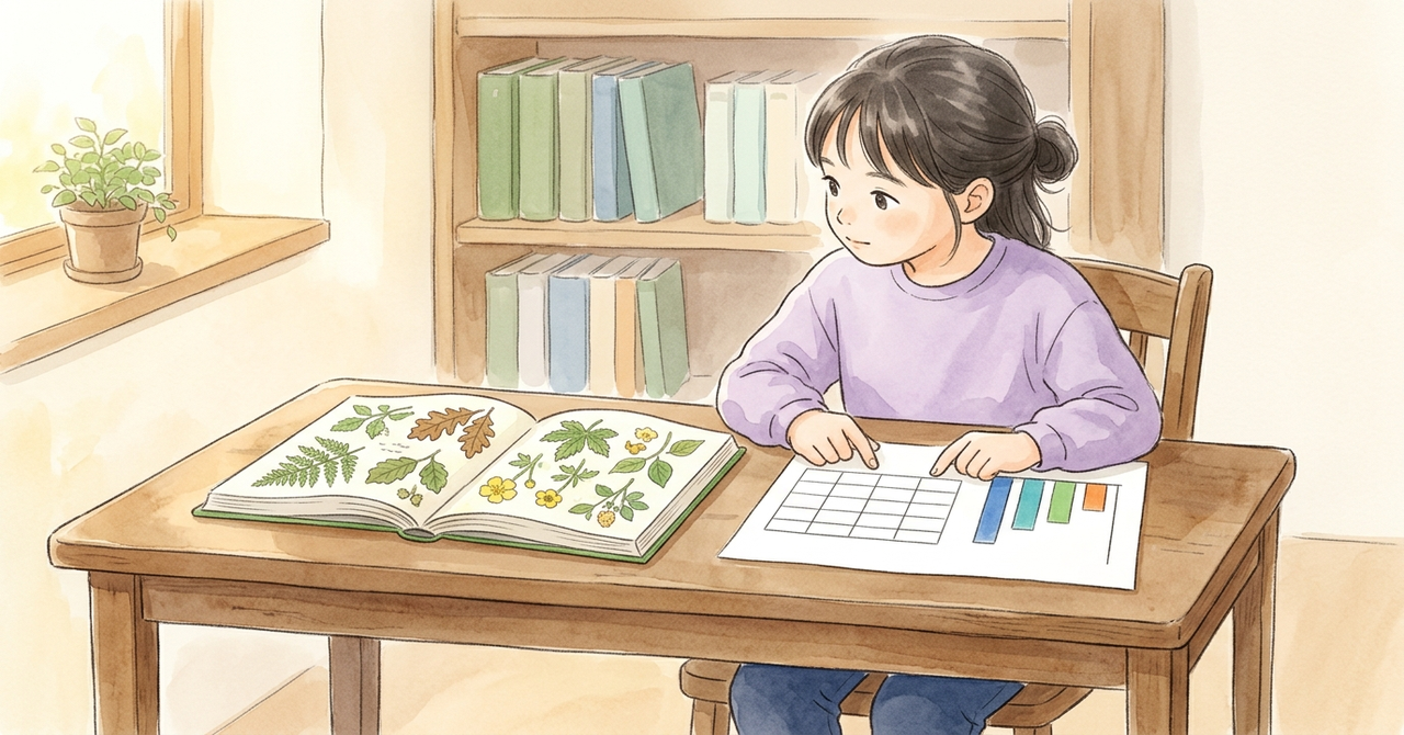 机で、子どもが本を開き、横に表の絵の紙を置いて見比べている。