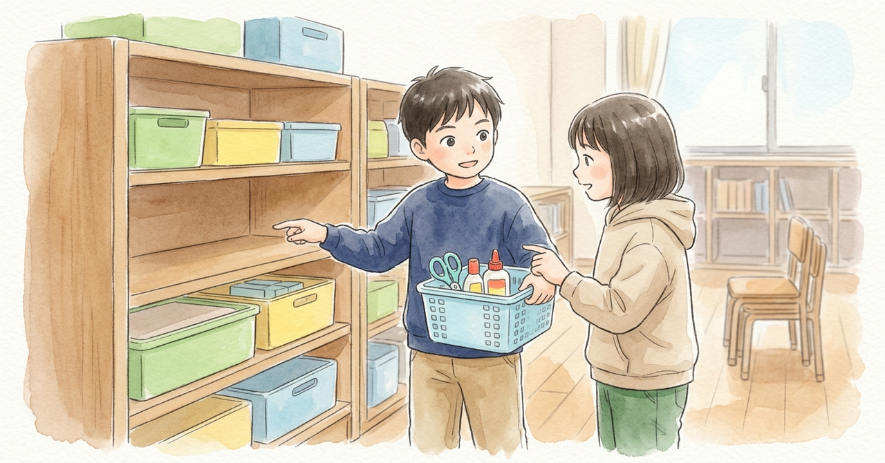 教室の道具置き場の前で、2人がはさみやのりの箱を見ながら置き方を相談している。